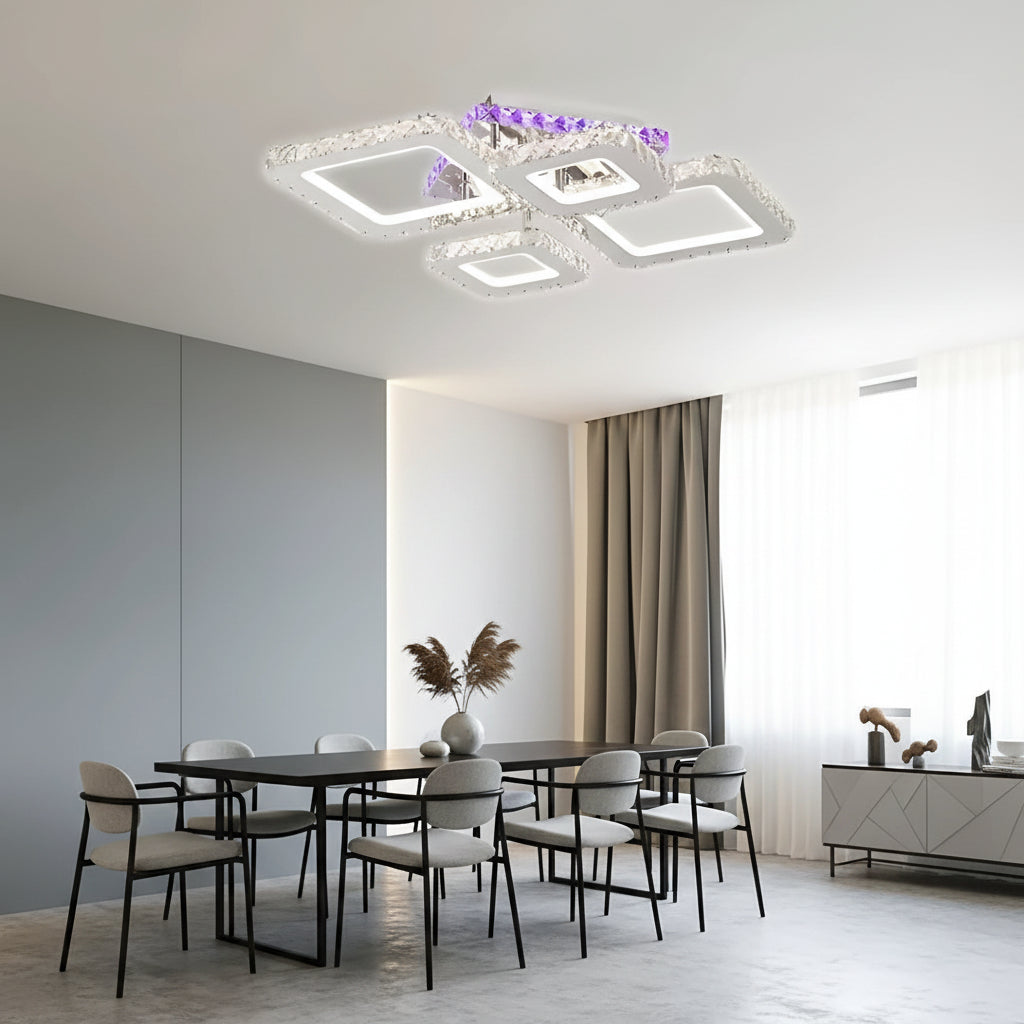 Żyrandol LED z pilotem i kryształem NOVA RHOMBA RGB 95W, 4 kwadraty, światło zimne/ciepłe/neutralne, możliwość przyciemniania, błyszczący chrom Żyrandole i kryształy LED Domyślny tytuł Alessandro Design