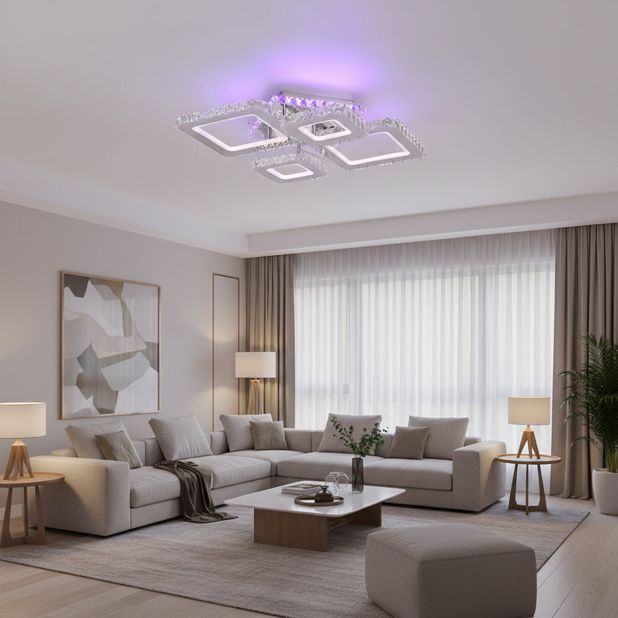 Żyrandol LED z pilotem i kryształem NOVA RHOMBA RGB 95W, 4 kwadraty, światło zimne/ciepłe/neutralne, możliwość przyciemniania, błyszczący chrom Żyrandole i kryształy LED Domyślny tytuł Alessandro Design