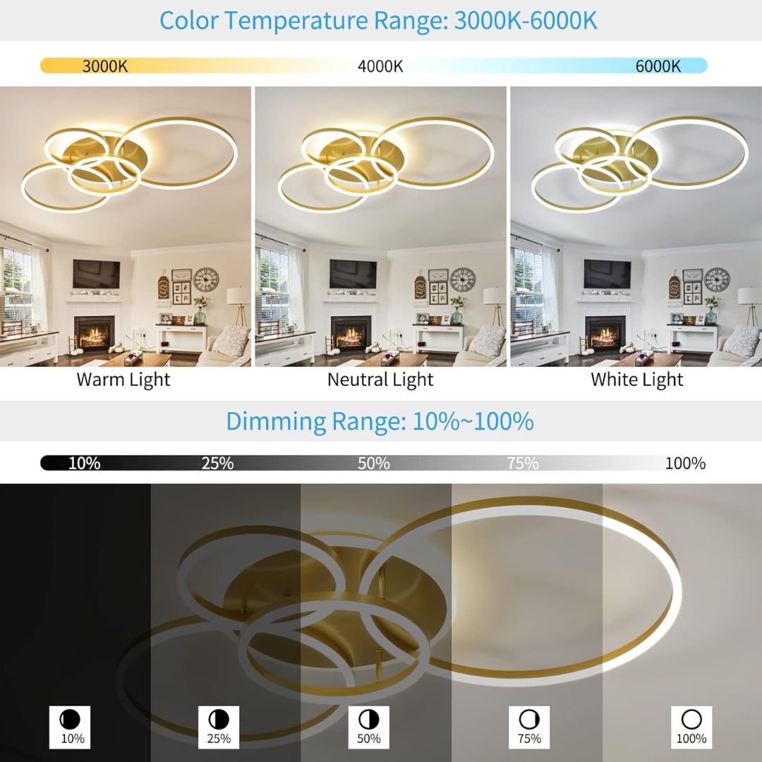 Lustra LED cu Telecomanda RINOVA, 4 cercuri, 112W, Lumina Calda/Rece/Neutra, Dimabila, Auriu Lustre LED cu Telecomanda Default Title Alessandro Design