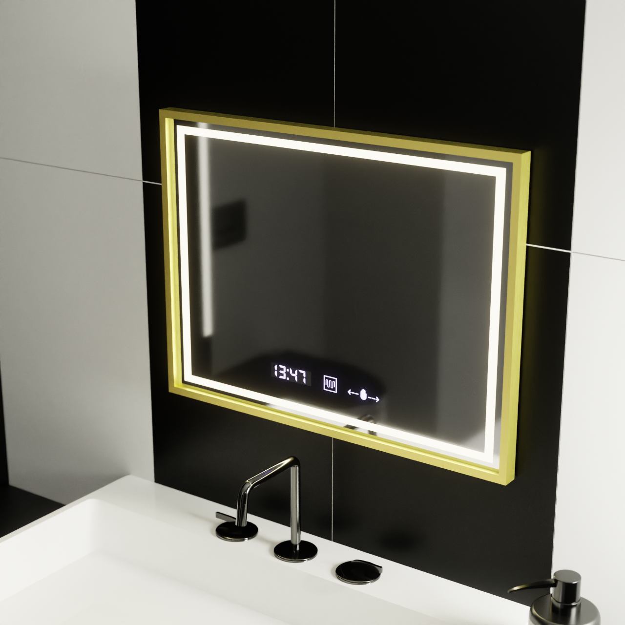 Prostokątne lustro LED, 80x60 cm, Verite Royale Gold MotionGlow Marcello, system przeciwmgielny, zegar i termometr, przyciemniane lustra Marcello Domyślny tytuł Alessandro Design