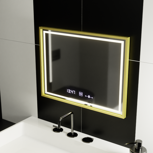 Prostokątne lustro LED, 80x60 cm, Verite Royale Gold MotionGlow Marcello, system przeciwmgielny, zegar i termometr, przyciemniane lustra Marcello Domyślny tytuł Alessandro Design