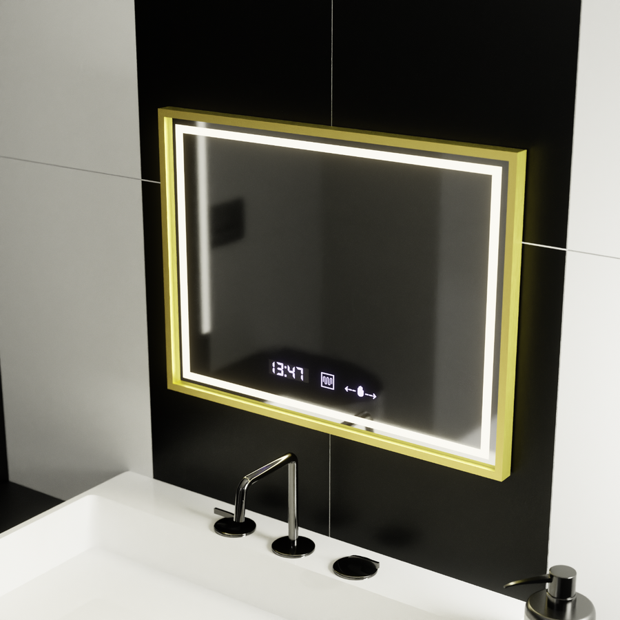 Prostokątne lustro LED, 80x60 cm, Verite Royale Gold MotionGlow Marcello, system przeciwmgielny, zegar i termometr, przyciemniane lustra Marcello Domyślny tytuł Alessandro Design
