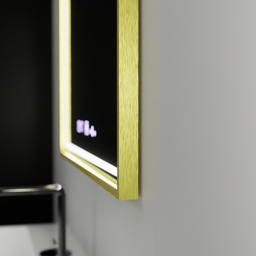 Prostokątne lustro LED, 80x60 cm, Verite Royale Gold MotionGlow Marcello, system przeciwmgielny, zegar i termometr, przyciemniane lustra Marcello Domyślny tytuł Alessandro Design