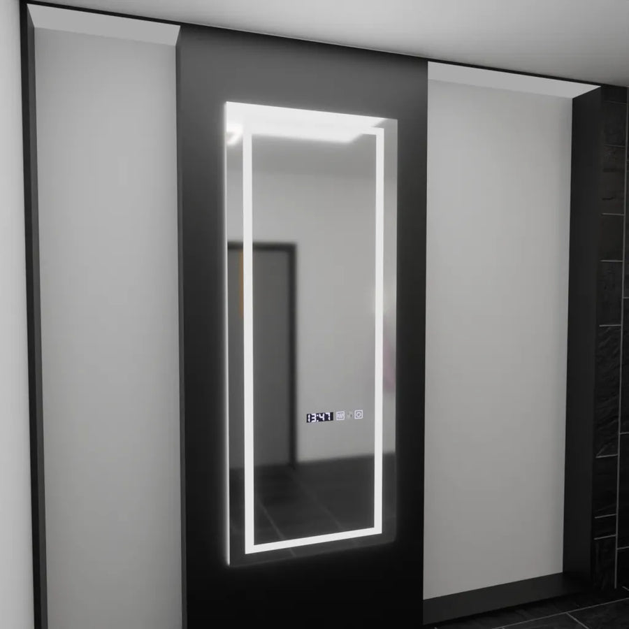 Prostokątne lustro LED, 60x150 cm, czujnik radarowy Alessia Marcello, system przeciwmgielny, zegar i termometr, dimabila, lustra Dressing Couture Domyślny tytuł Alessandro Design