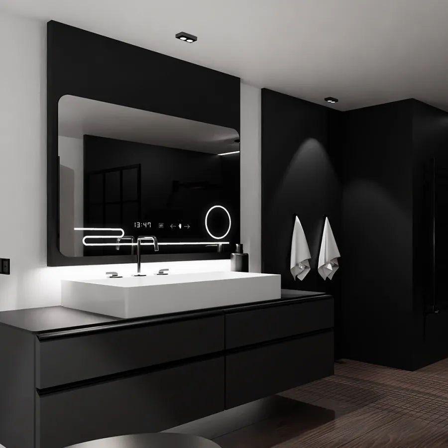 Prostokątne lustro LED, 120x80cm, Harmonie MotionGlow Marcello, system usuwania zamglenia, zegar i termometr, lupa kosmetyczna, przyciemniane lustra Marcello Domyślny tytuł Alessandro Design