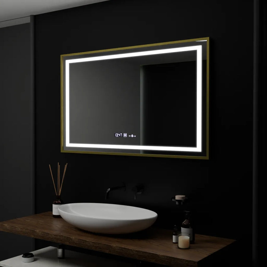 Prostokątne lustro LED, 100x80cm, Verite Royale Gold Motion Glow Marcello, system odmgławiania, zegar i termometr, przyciemniane lustra Marcello Domyślny tytuł Alessandro Design