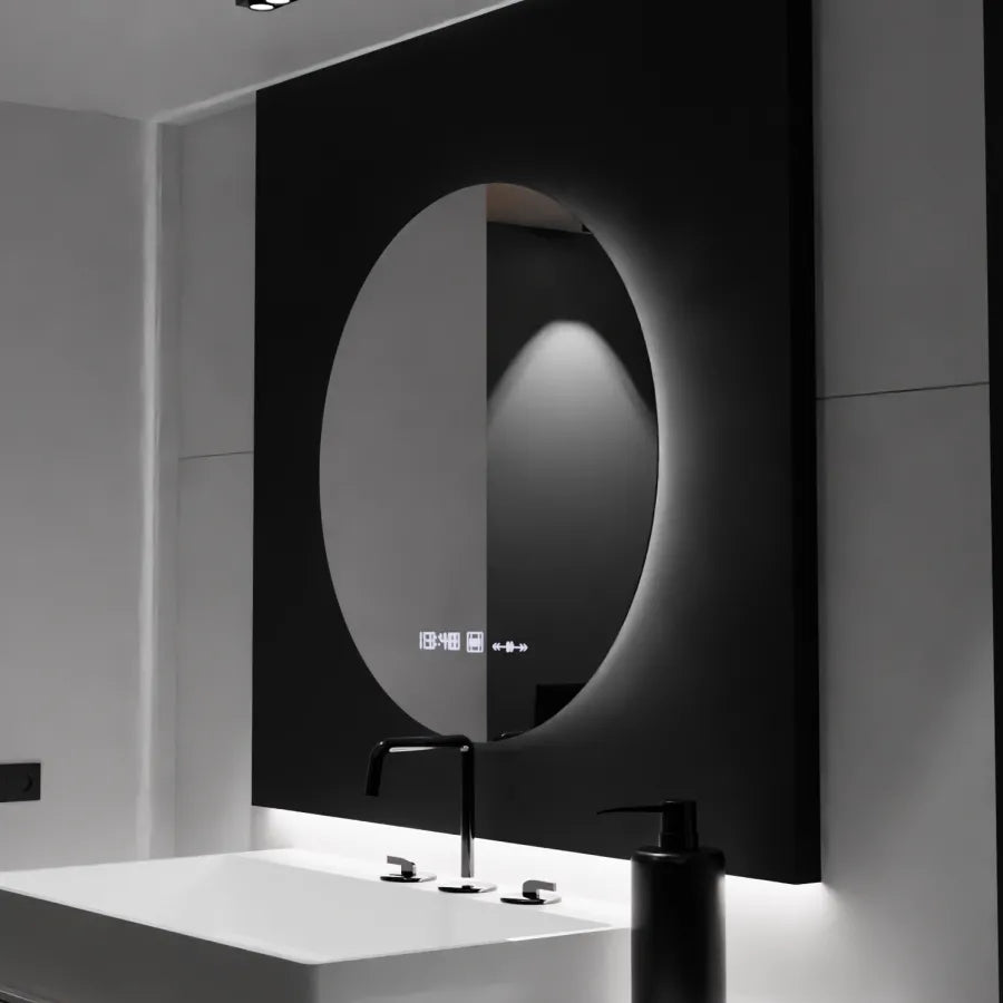 Okrągłe lustro LED, 80 cm, Serenite MotionGlow Marcello, system przeciwmgielny, zegar i termometr, przyciemniane lustra Marcello Domyślny tytuł Alessandro Design
