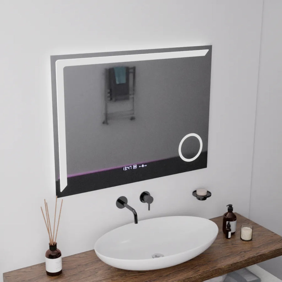 Prostokątne lustro LED, 80x60 cm, Precision MotionGlow Marcello, system usuwania zamglenia, zegar i termometr, lupa kosmetyczna, przyciemniane lustra Marcello Domyślny tytuł Alessandro Design