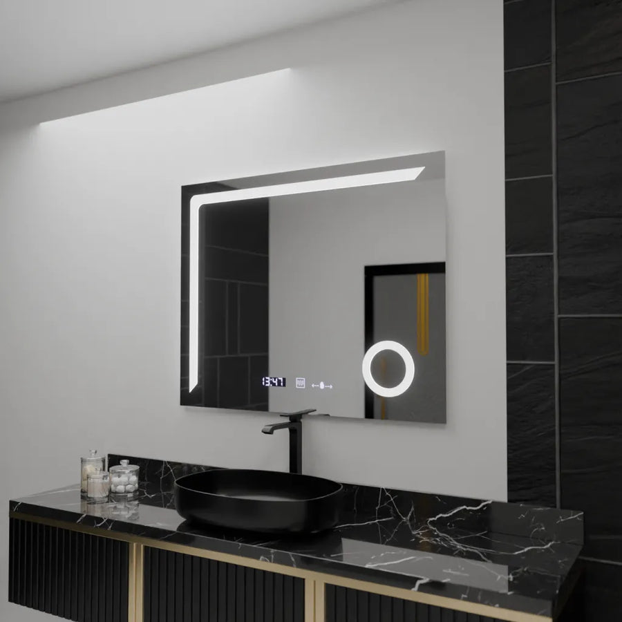 Prostokątne lustro LED, 100x80 cm, Precision MotionGlow Marcello, system usuwania zamglenia, zegar i termometr, lupa kosmetyczna, przyciemniane lustra Marcello Domyślny tytuł Alessandro Design