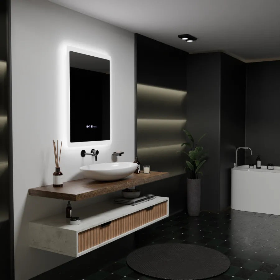 Prostokątne lustro LED, 60x80cm, czujnik ELANCEE MotionGlow Marcello, system odmgławiania, zegar i termometr, przyciemniane lustra Marcello Domyślny tytuł Alessandro Design