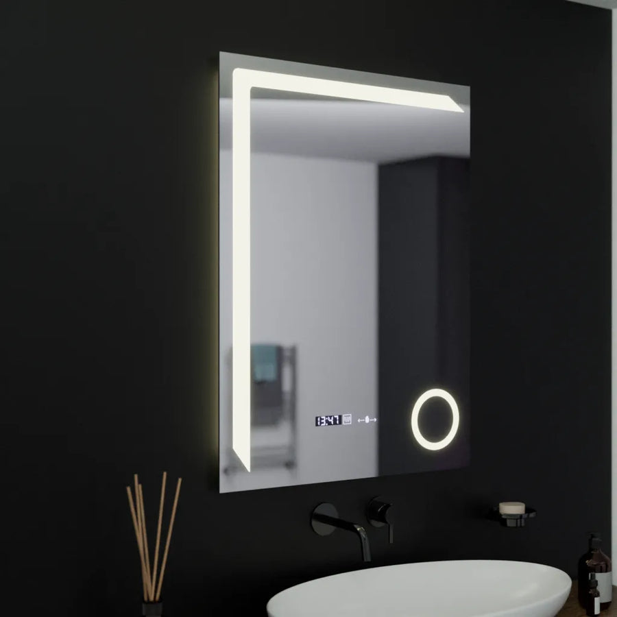 Prostokątne lustro LED, 60x80 cm, Precision MotionGlow Marcello, system usuwania zamglenia, zegar i termometr, lupa kosmetyczna, przyciemniane lustra Marcello Domyślny tytuł Alessandro Design