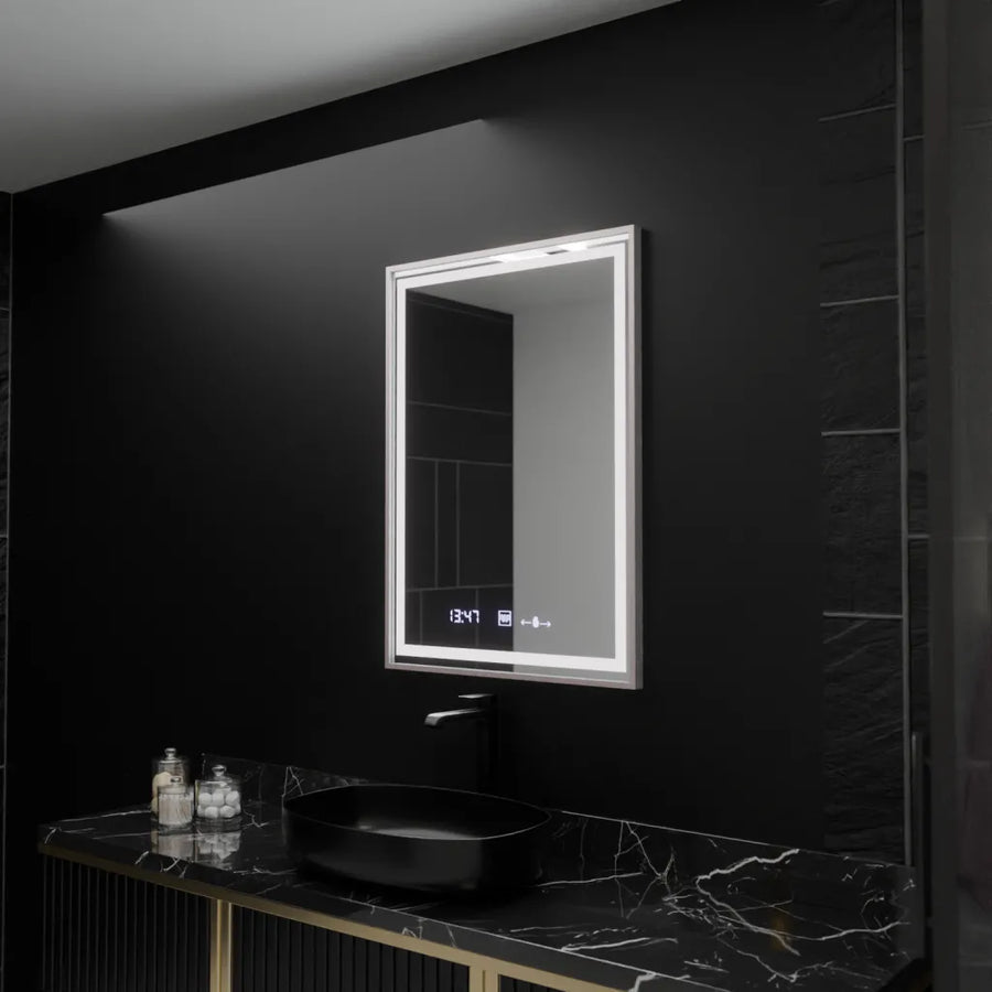 Prostokątne lustro LED, 60x80cm, Verite Imperial Silver Motion Glow Marcello, system odmgławiania, zegar i termometr, przyciemniane lustra Marcello Domyślny tytuł Alessandro Design