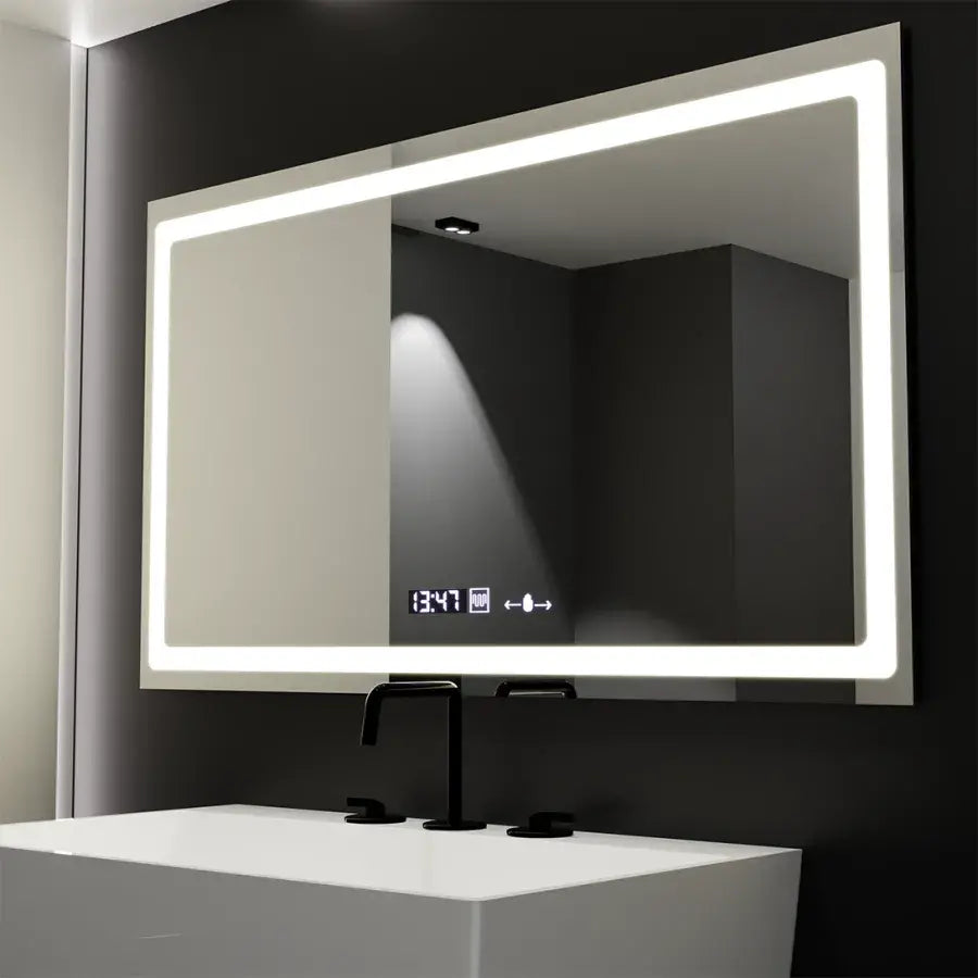 Prostokątne lustro LED, 120 x 70 cm, czujnik światła Radiant MotionGlow Marcello, system usuwania zamglenia, zegar i termometr, przyciemniane lustra Marcello Domyślny tytuł Alessandro Design