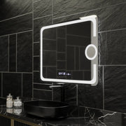 Prostokątne lustro LED, 80x60 cm, Eclat MotionGlow Marcello, system przeciwmgielny, zegar i termometr, lupa kosmetyczna, przyciemniane lustra Marcello Domyślny tytuł Alessandro Design