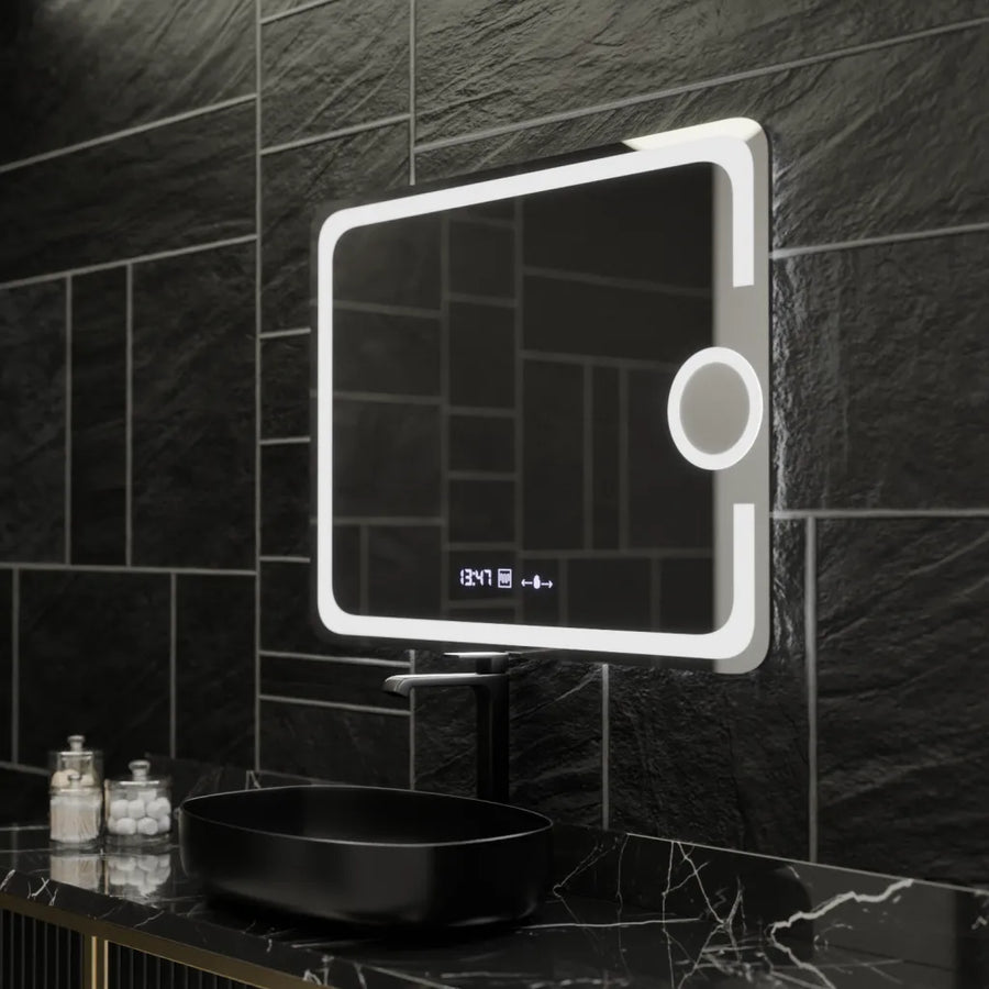 Prostokątne lustro LED, 80x60 cm, Eclat MotionGlow Marcello, system przeciwmgielny, zegar i termometr, lupa kosmetyczna, przyciemniane lustra Marcello Domyślny tytuł Alessandro Design
