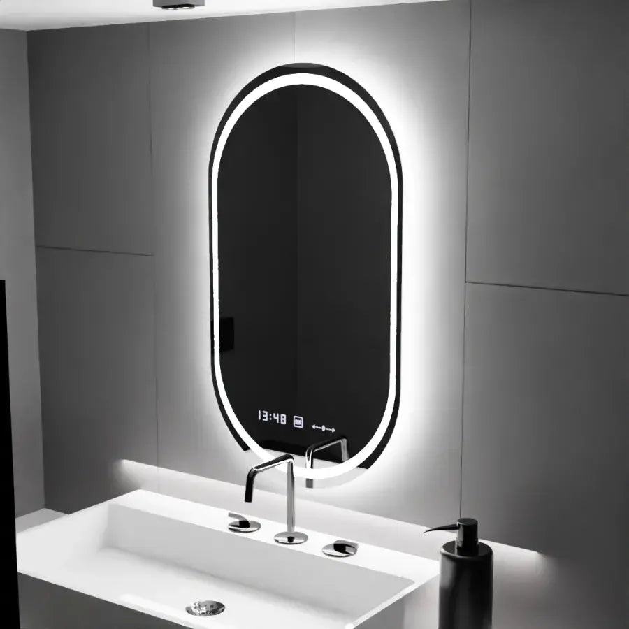 Owalne lustro LED, 60x80 cm, Eminence MotionGlow Marcello, system usuwania zamglenia, zegar i termometr, przyciemniane lustra Marcello Tytuł domyślny Alessandro Design