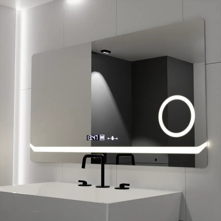 Prostokątne lustro LED, 80x60 cm, definicja MotionGlow Marcello, system usuwania zamglenia, zegar i termometr, lupa kosmetyczna, przyciemniane lustra Marcello Domyślny tytuł Alessandro Design