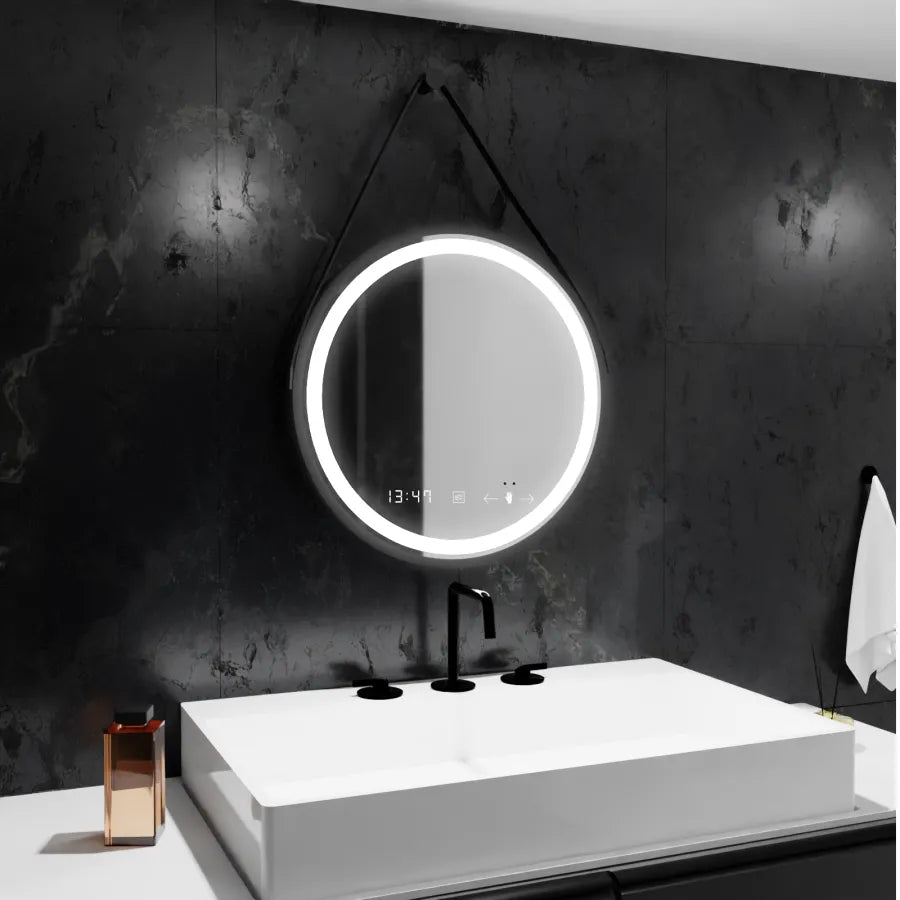 Okrągłe lustro LED, 50 cm, Celeste Majeste Noir Eleve MotionGlow Marcello, system usuwania zamglenia, zegar i termometr, przyciemniane lustra Marcello Domyślny tytuł Alessandro Design