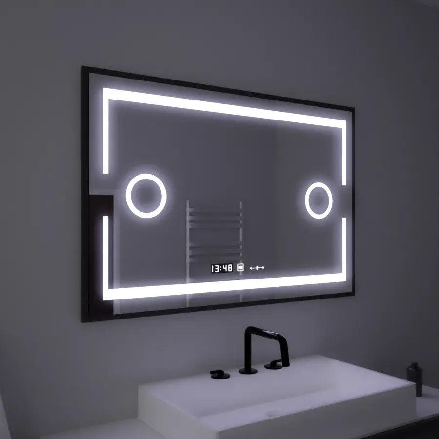 Prostokątne lustro LED, 120x80 cm, czujnik Marcello MotionGlow, system usuwania zamglenia, zegar i termometr, lupa kosmetyczna, ściemniane lustra Marcello Domyślny tytuł Alessandro Design