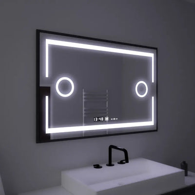 Prostokątne lustro LED, 120x80cm, czujnik Marcello MotionGlow, system usuwania zamglenia, zegar i termometr, lupa kosmetyczna, możliwość przyciemniania