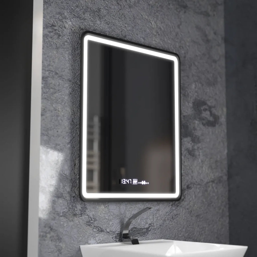 Prostokątne lustro LED, 75x90cm, Favola MotionGlow Marcello, system odmgławiania, zegar i termometr, możliwość przyciemniania