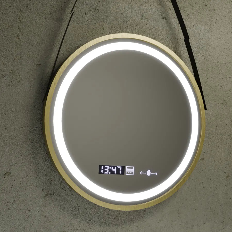Okrągłe lustro LED, 60 cm, Celeste Royale Gold Eleve MotionGlow Marcello, system przeciwmgielny, zegar i termometr, możliwość przyciemniania, odpinany pasek Marcello Mirrors Domyślny tytuł Alessandro Design