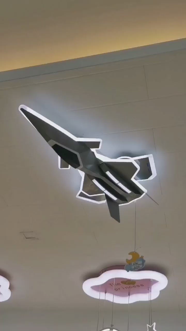 Żyrandol dziecięcy LED FIGHTER, typ samolotowy, 101W, światło zimne/ciepłe/neutralne, ruchome skrzydła, szary lotniczy