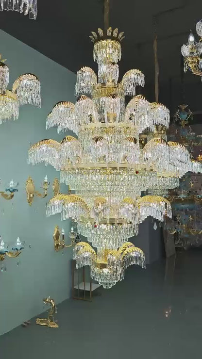 Żyrandol kryształowy CC8043/600H1800GD, średnica 60 cm, wysokość 180 cm, błyszczące złoto, regulowana wysokość, elegancki wygląd