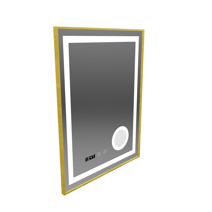 CLARUS LED Touch System odmgławiania lusterek, zegara i temperatury 60x80 cm Szczotkowana lupa kosmetyczna ze złotą ramką