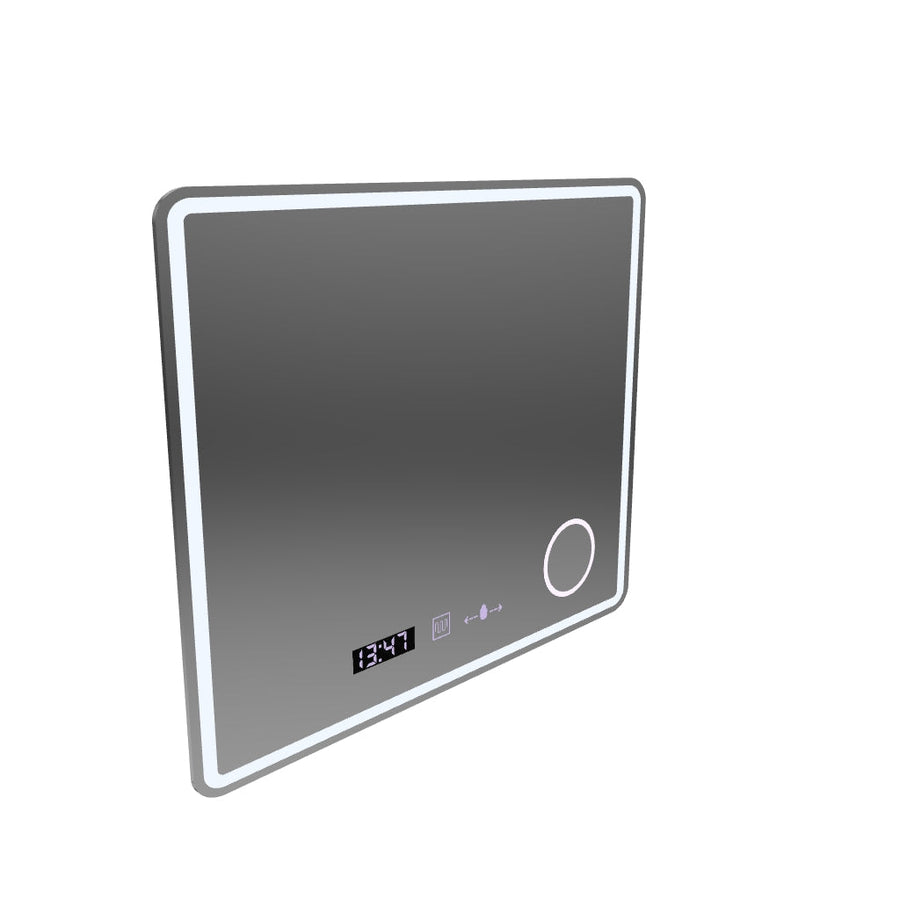 Prostokątne lustro LED, 90x75cm, Riflesso MotionGlow Marcello, system odmgławiania, zegar i termometr, lupa kosmetyczna, możliwość przyciemniania