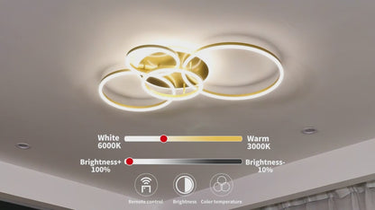 Żyrandol LED RINOVA z pilotem, 4 kółka, 112 W, światło ciepłe/zimne/neutralne, możliwość przyciemniania, złoty