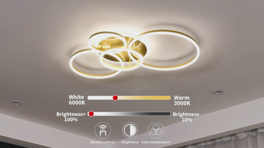 Żyrandol LED RINOVA z pilotem, 4 kółka, 112 W, światło ciepłe/zimne/neutralne, możliwość przyciemniania, złoty